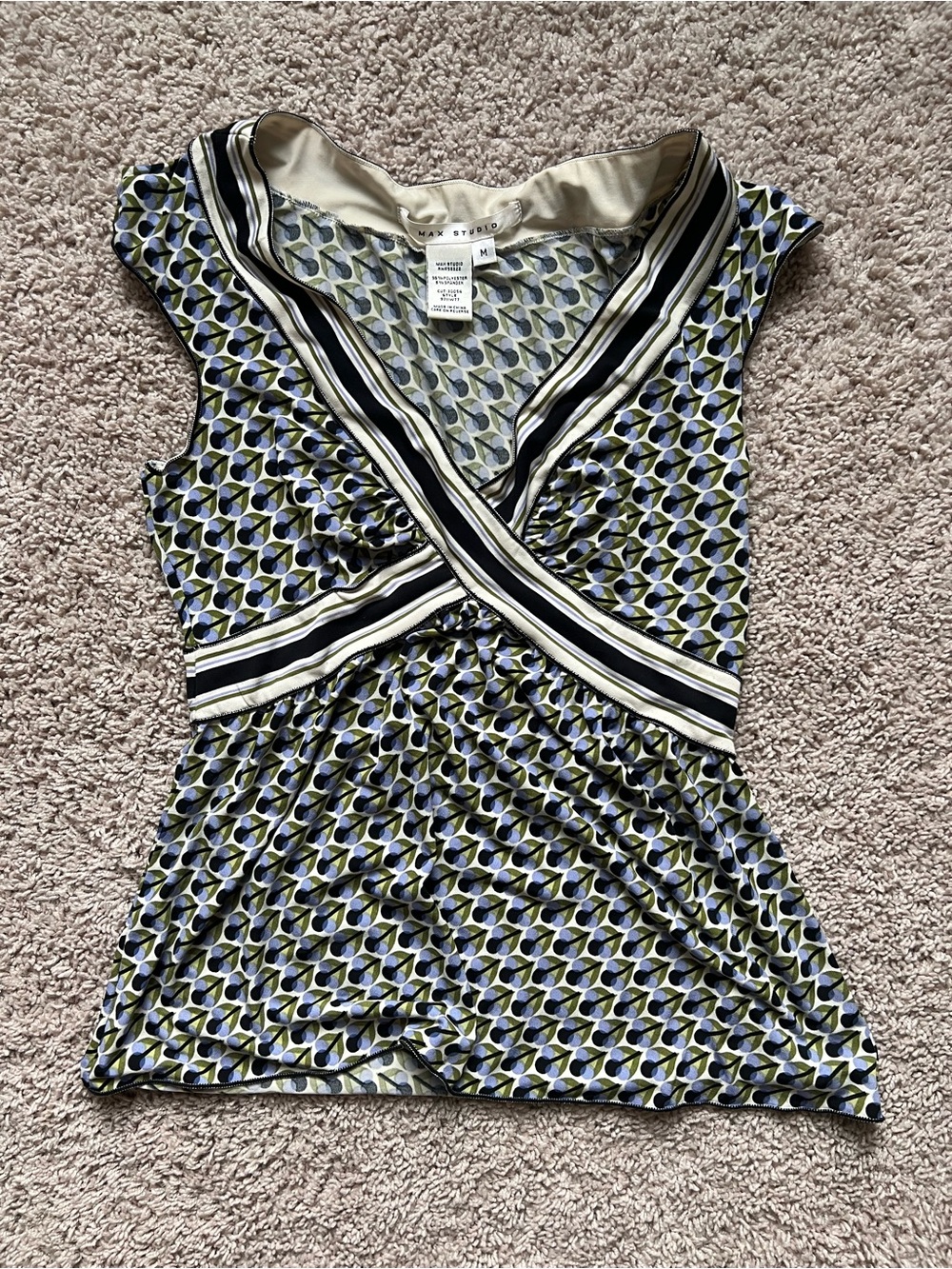 Max Studio Olive and Navy Geometric Wrap-Front Women’s Top